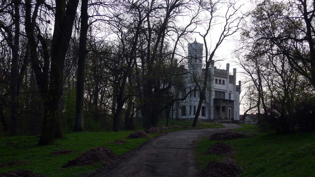 Kliknij, aby powiększyć Pałac w Piekarach. Otoczenie wygląda niczym plan filmowy horroru.