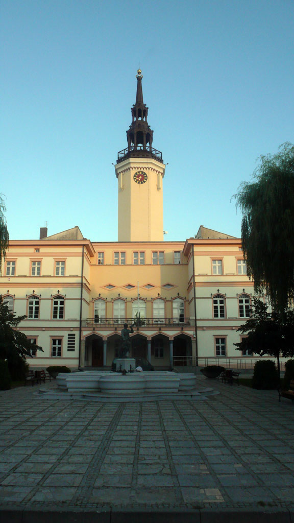 Ratusz a przed nim Pomnik Myśliwca